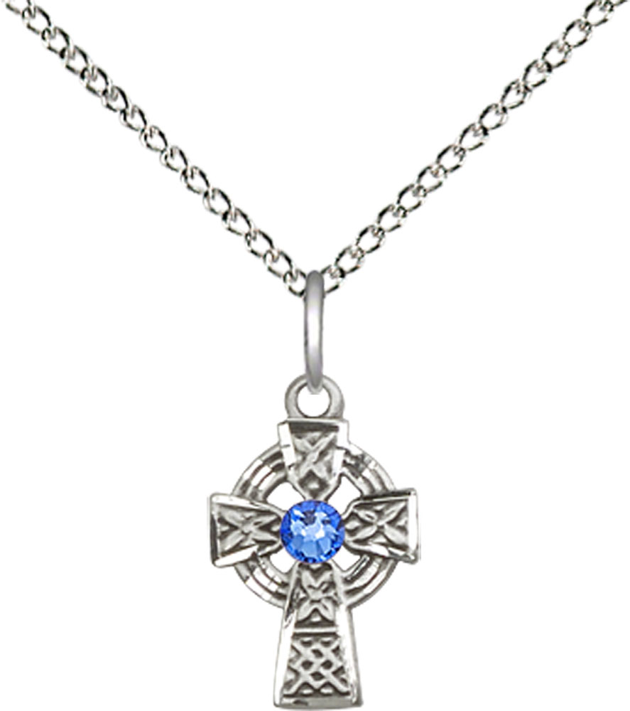 Sterling Silver Celtic Cross Pendant with a 3mm Sapphire Swarovski stone on a 18 inch Sterling Silver Light Curb chain