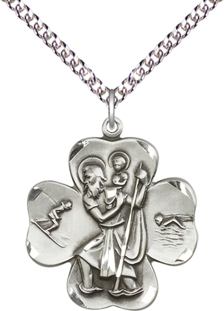Sterling Silver Saint Christopher Pendant on a 24 inch Sterling Silver Heavy Curb chain