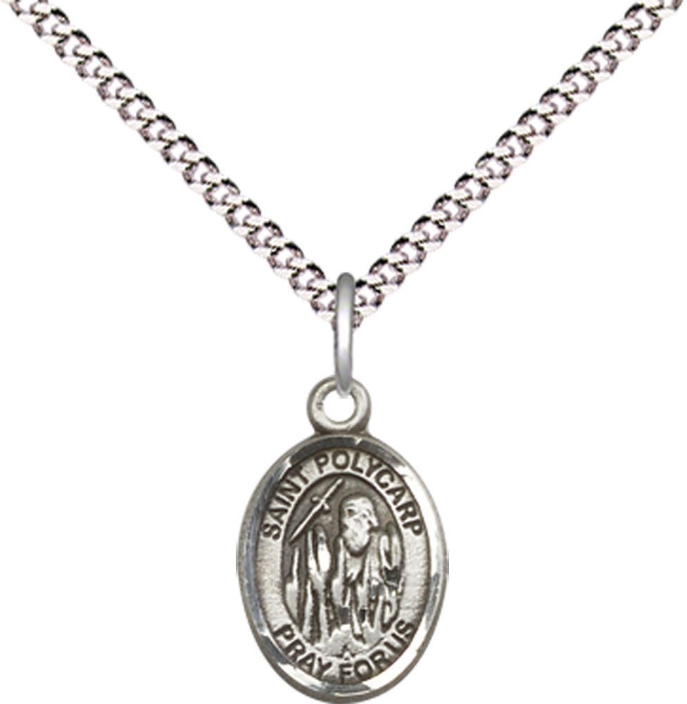 Sterling Silver Saint Polycarp of Smyrna Pendant on a 18 inch Light Rhodium Light Curb chain