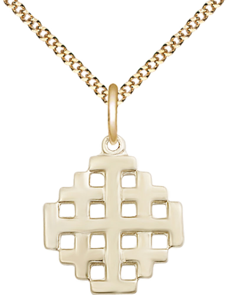 14kt Gold Filled Jerusalem Cross Pendant on a 18 inch Gold Plate Light Curb chain