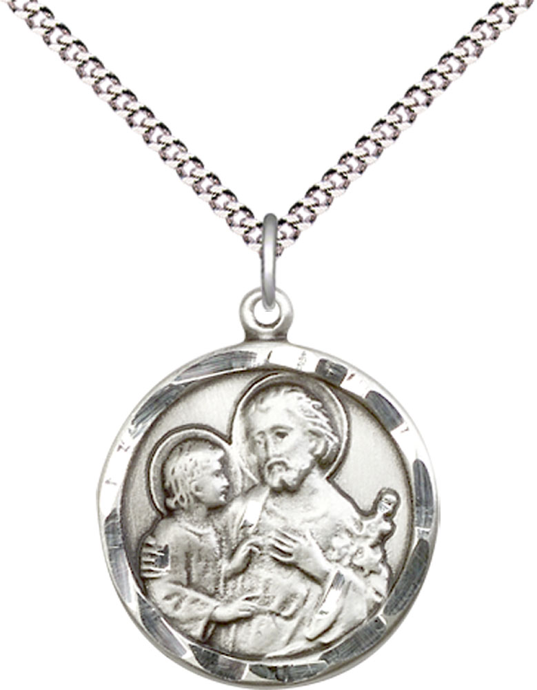Sterling Silver Saint Joseph Pendant on a 18 inch Light Rhodium Light Curb chain