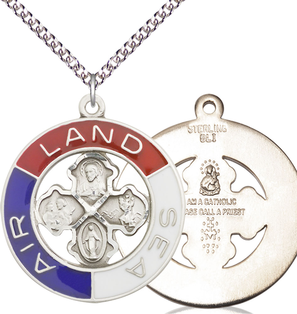 Sterling Silver Land, Sea, Air Pendant on a 24 inch Sterling Silver Heavy Curb chain