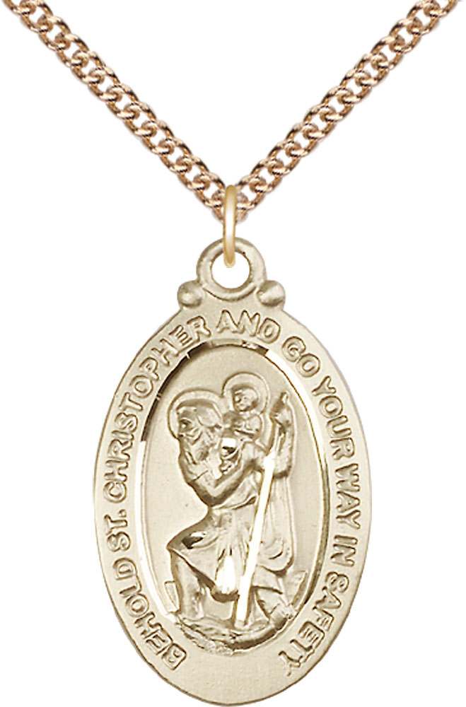 14kt Gold Filled Saint Christopher Pendant on a 24 inch Gold Filled Heavy Curb chain