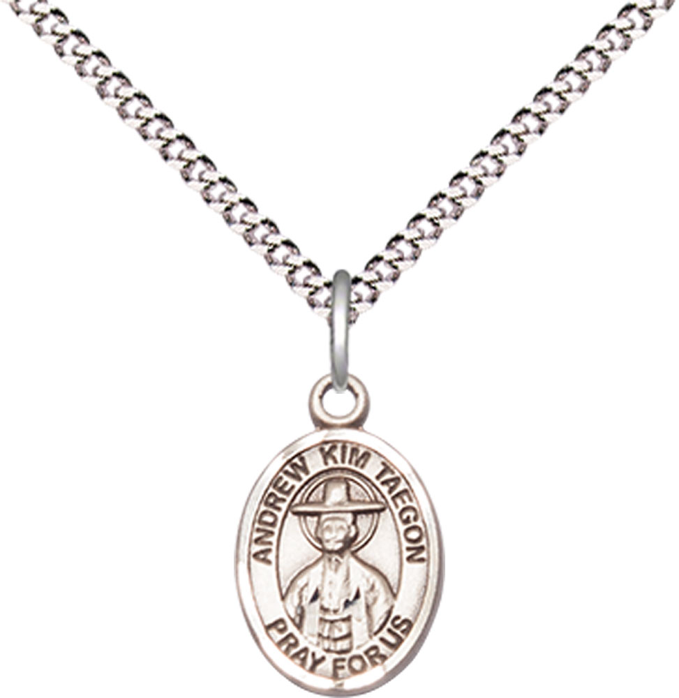 Sterling Silver Saint Andrew Kim Taegon Pendant on a 18 inch Light Rhodium Light Curb chain