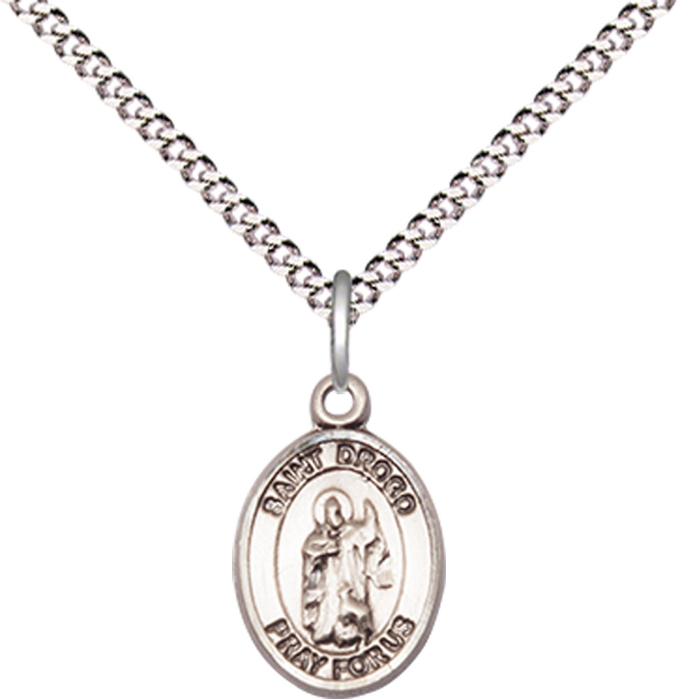 Sterling Silver Saint Drogo Pendant on a 18 inch Light Rhodium Light Curb chain