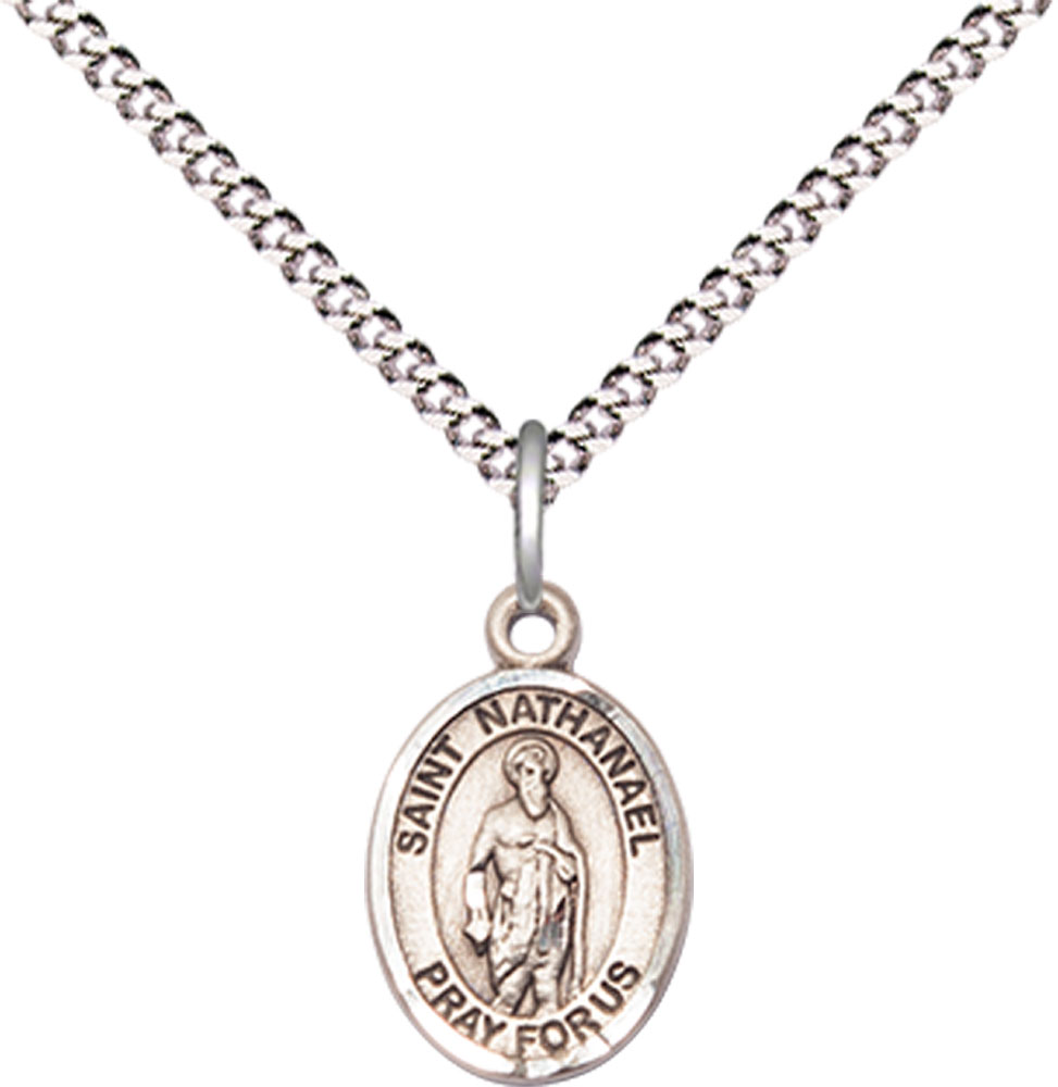 Sterling Silver Saint Nathanael Pendant on a 18 inch Light Rhodium Light Curb chain