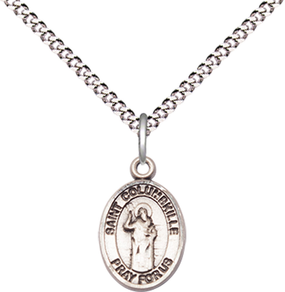 Sterling Silver Saint Columbkille Pendant on a 18 inch Light Rhodium Light Curb chain