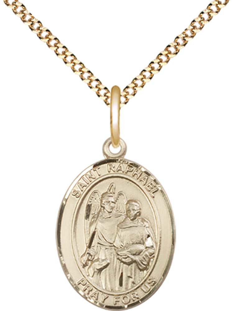 14kt Gold Filled Saint Raphael the Archangel Pendant on a 18 inch Gold Plate Light Curb chain