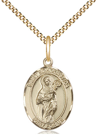 14kt Gold Filled Saint Scholastica Pendant on a 18 inch Gold Plate Light Curb chain