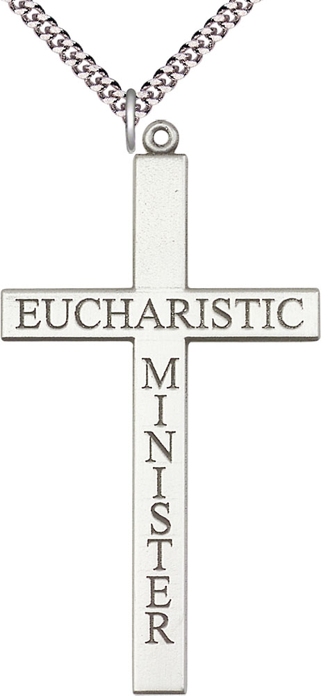 Sterling Silver Eucharistic Minister Cross Pendant on a 24 inch Light Rhodium Heavy Curb chain