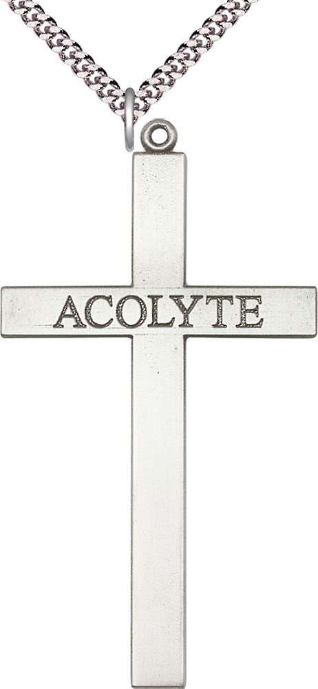 Sterling Silver Acolyte Cross Pendant on a 24 inch Light Rhodium Heavy Curb chain