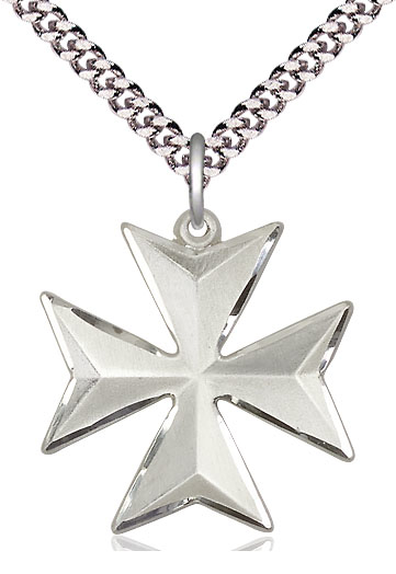 Sterling Silver Maltese Cross Pendant on a 24 inch Light Rhodium Heavy Curb chain