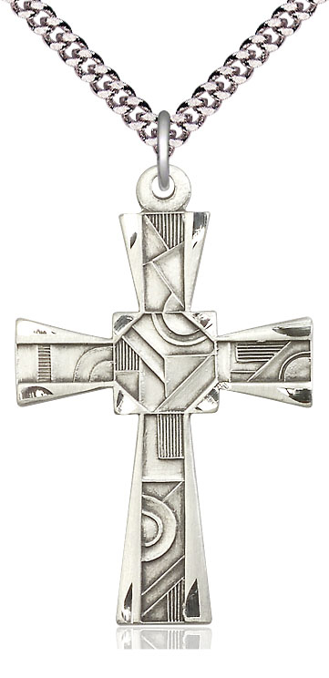 Sterling Silver Mosaic Cross Pendant on a 24 inch Light Rhodium Heavy Curb chain