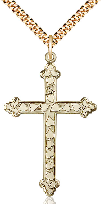 14kt Gold Filled Heart Cross Pendant on a 24 inch Gold Plate Heavy Curb chain