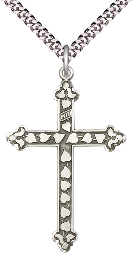 Sterling Silver Heart Cross Pendant on a 24 inch Light Rhodium Heavy Curb chain