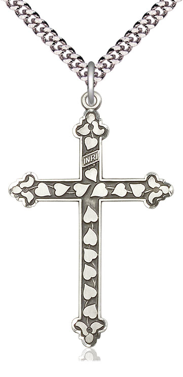Sterling Silver Heart Cross Pendant on a 24 inch Light Rhodium Heavy Curb chain