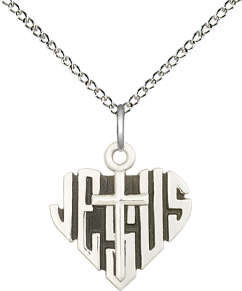 Sterling Silver Heart of Jesus w/Cross Pendant on a 18 inch Sterling Silver Light Curb chain