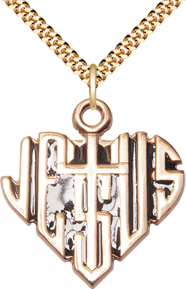 14kt Gold Filled Heart of Jesus w/Cross Pendant on a 24 inch Gold Plate Heavy Curb chain