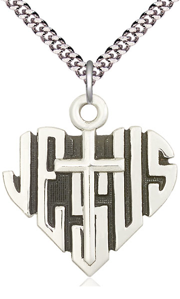 Sterling Silver Heart of Jesus w/Cross Pendant on a 24 inch Light Rhodium Heavy Curb chain