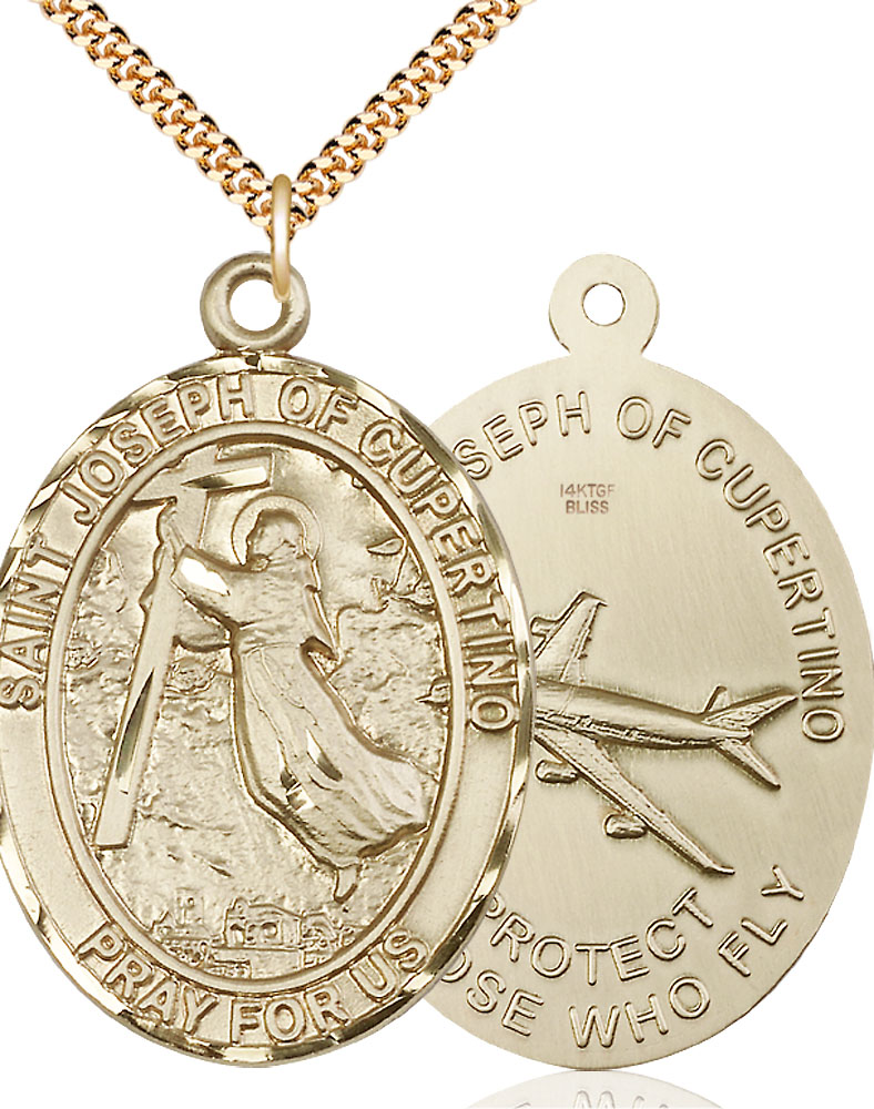 14kt Gold Filled Saint Joseph of Cupertino Pendant on a 24 inch Gold Plate Heavy Curb chain