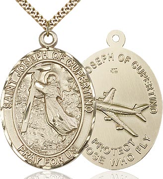 14kt Gold Filled Saint Joseph of Cupertino Pendant on a 24 inch Gold Plate Heavy Curb chain