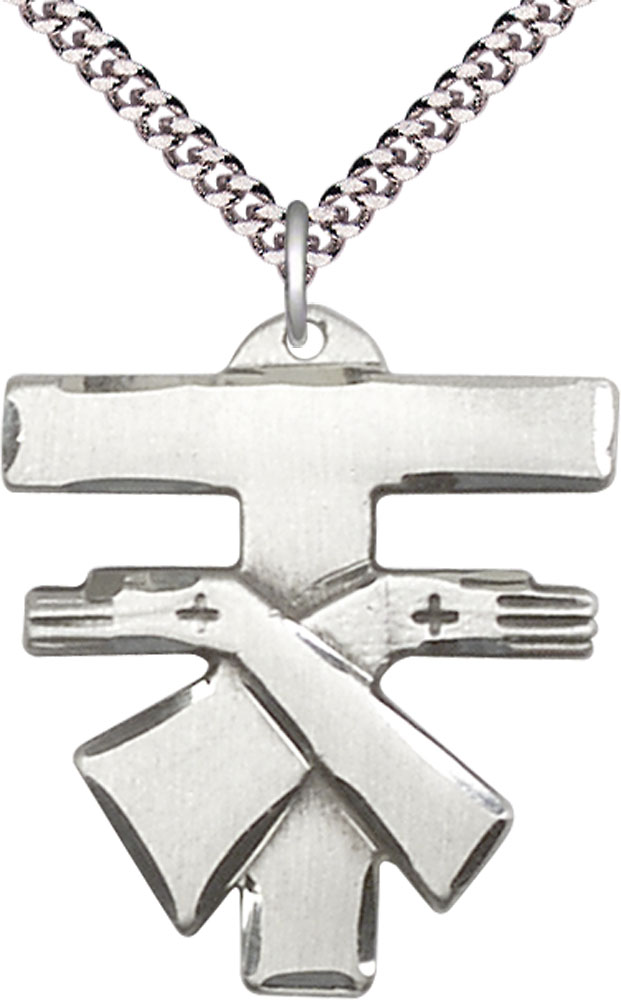 Sterling Silver Franciscan Cross Pendant on a 24 inch Light Rhodium Heavy Curb chain