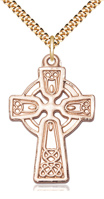 14kt Gold Filled Celtic Cross Pendant on a 24 inch Gold Plate Heavy Curb chain