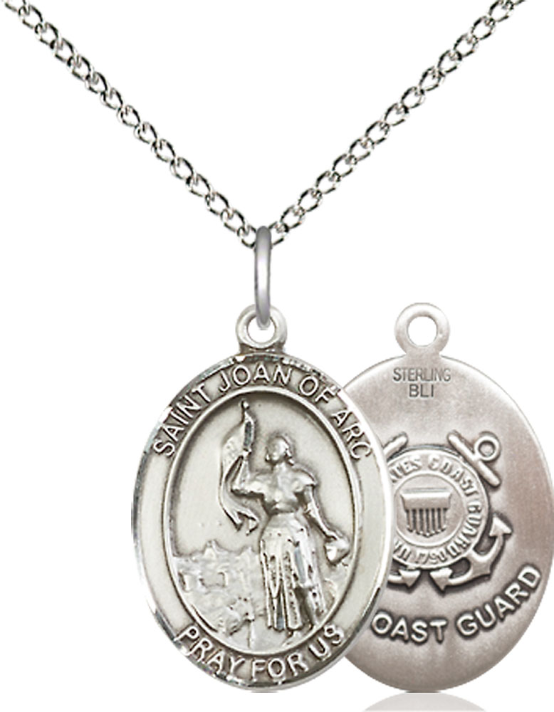 Sterling Silver Saint Joan of Arc  Coast Guard Pendant on a 18 inch Sterling Silver Light Curb chain