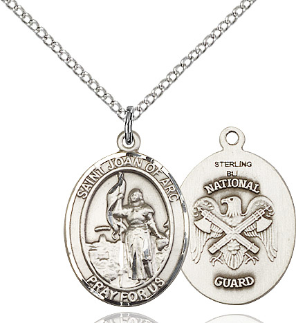 Sterling Silver Saint Joan of Arc National Guard Pendant on a 18 inch Sterling Silver Light Curb chain