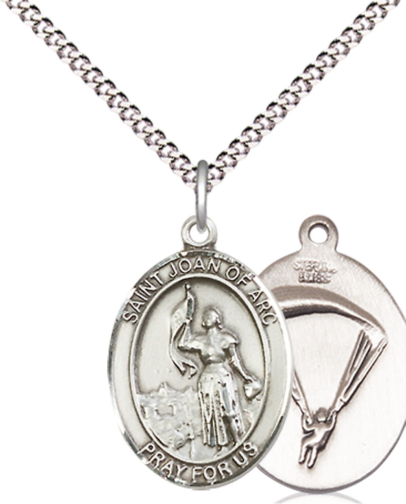 Sterling Silver Saint Joan of Arc Paratrooper Pendant on a 18 inch Light Rhodium Light Curb chain