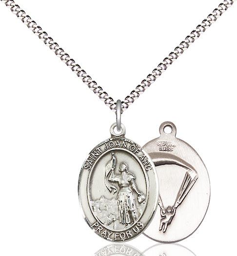Sterling Silver Saint Joan of Arc Paratrooper Pendant on a 18 inch Light Rhodium Light Curb chain