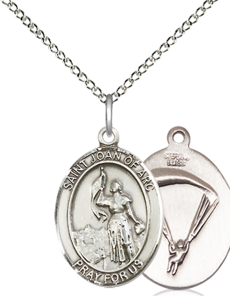 Sterling Silver Saint Joan of Arc Paratrooper Pendant on a 18 inch Sterling Silver Light Curb chain