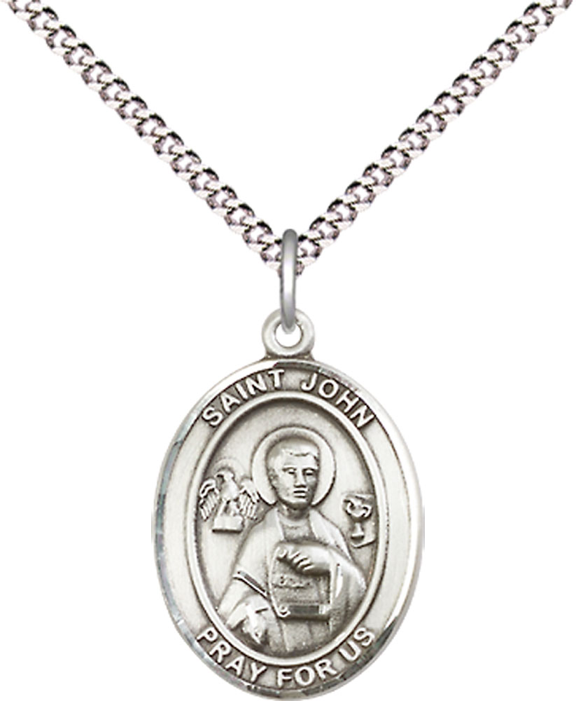 Sterling Silver Saint John the Apostle Pendant on a 18 inch Light Rhodium Light Curb chain