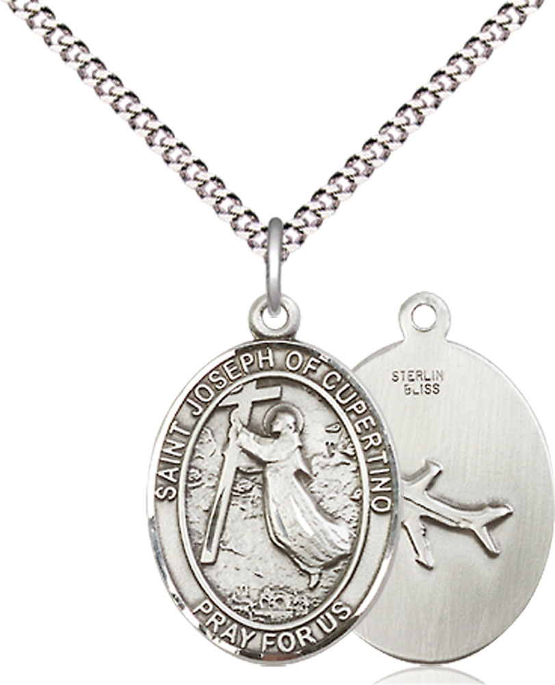 Sterling Silver Saint Joseph of Cupertino Pendant on a 18 inch Light Rhodium Light Curb chain