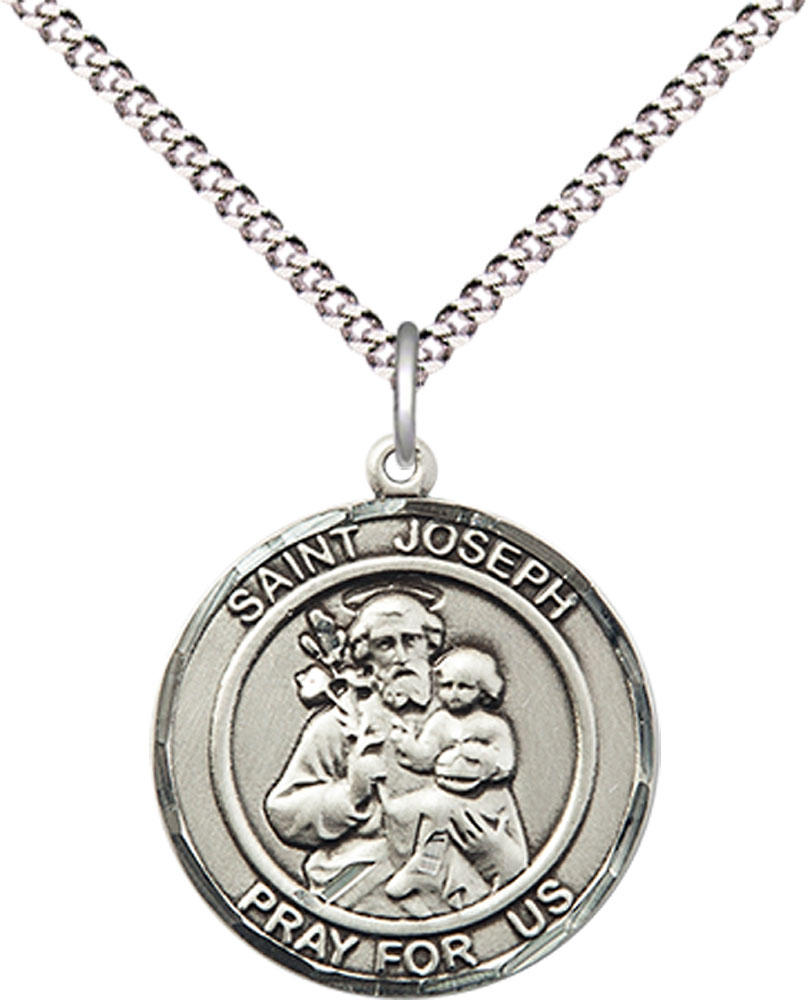 Sterling Silver Saint Joseph Pendant on a 18 inch Light Rhodium Light Curb chain