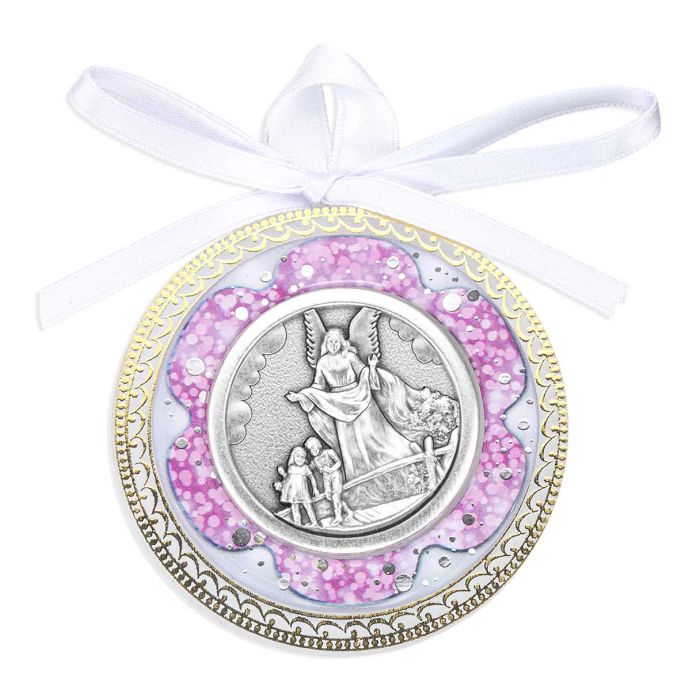 2 5/8&quot; Guardian Angel Crib Medal With Pink Shell Deco. Boxed