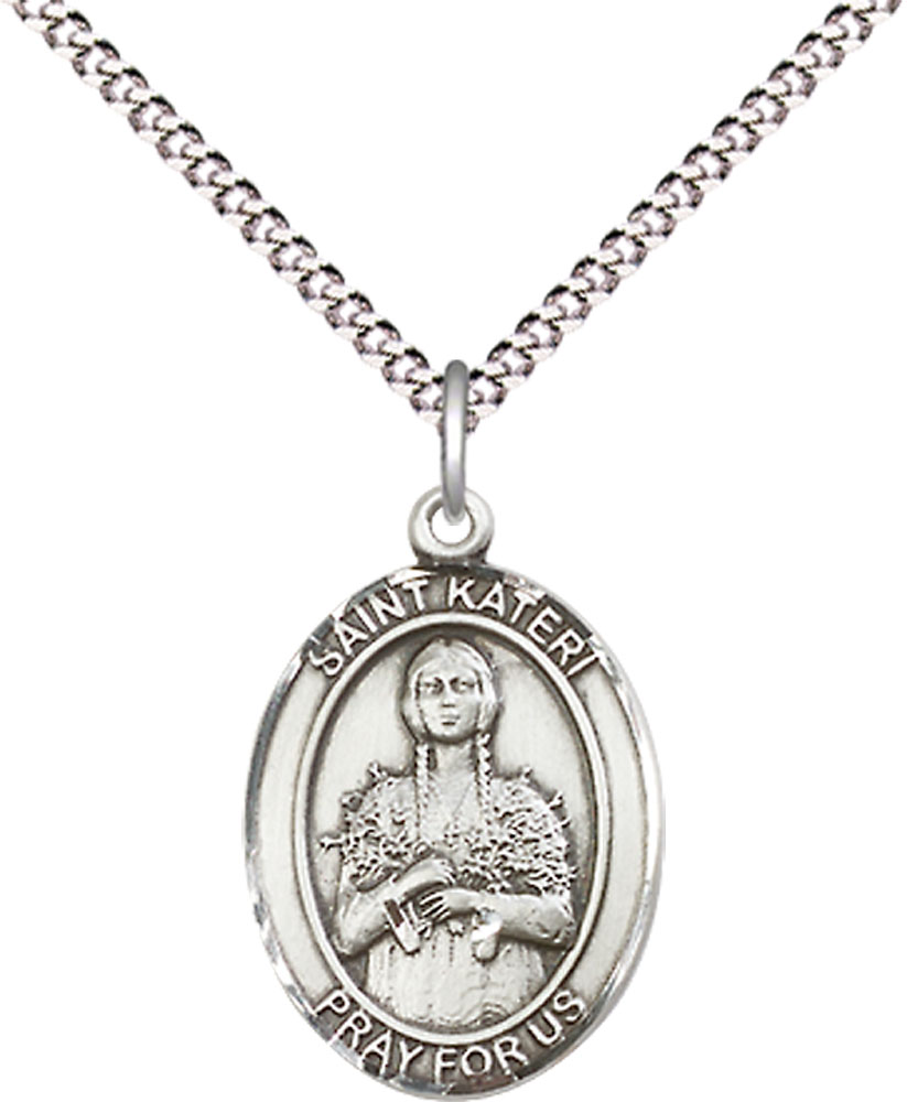 Sterling Silver Saint Kateri Pendant on a 18 inch Light Rhodium Light Curb chain