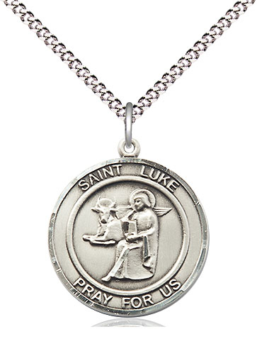 Sterling Silver Saint Luke the Apostle Pendant on a 18 inch Light Rhodium Light Curb chain