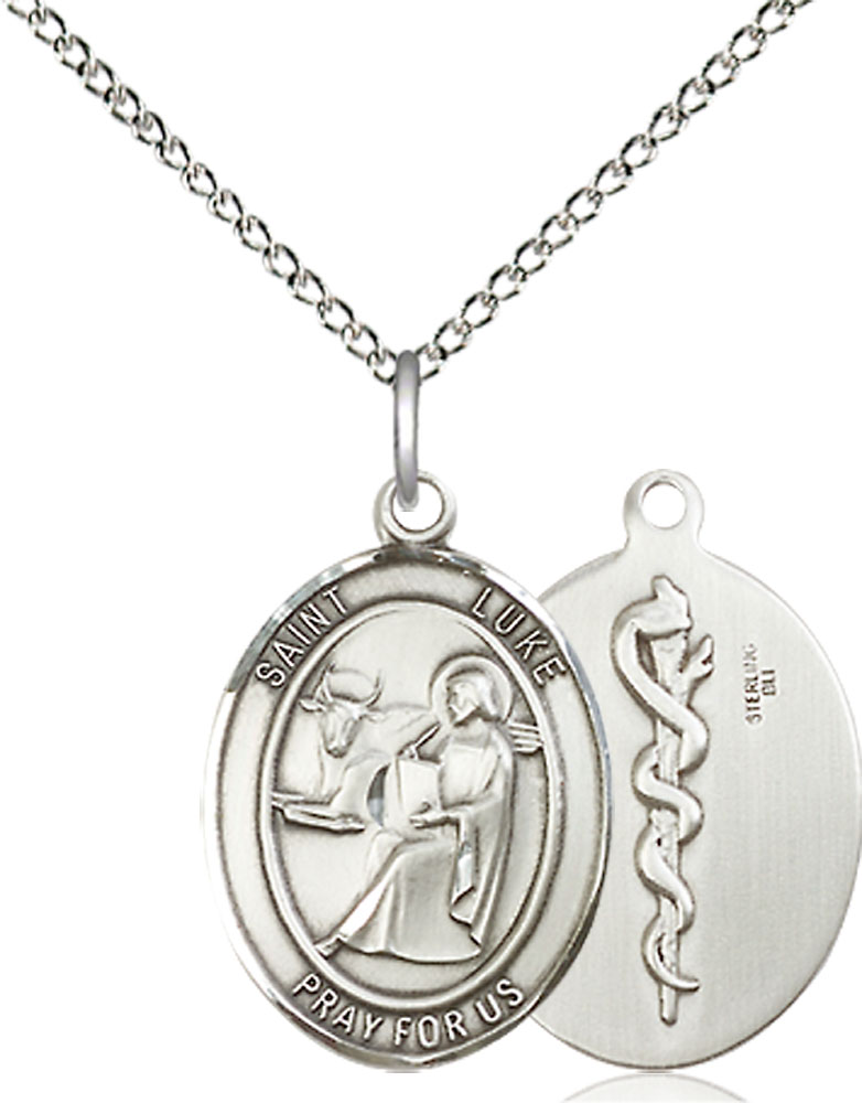Sterling Silver Saint Luke the Apostle Doctor Pendant on a 18 inch Sterling Silver Light Curb chain