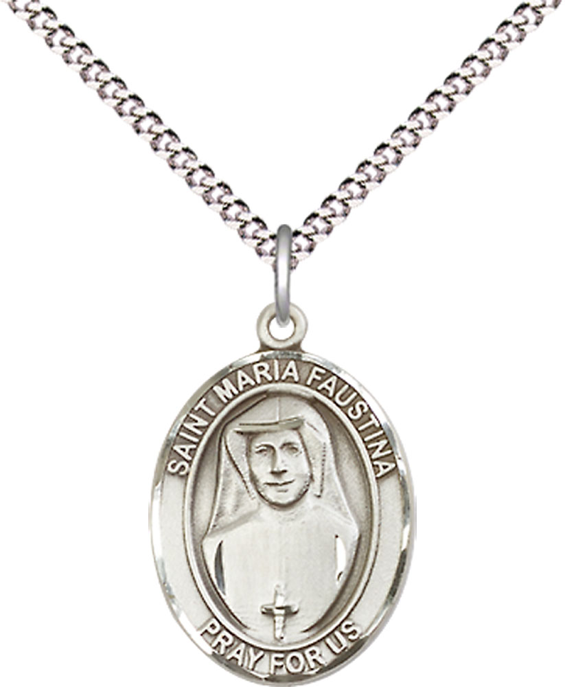 Sterling Silver Saint Maria Faustina Pendant on a 18 inch Light Rhodium Light Curb chain