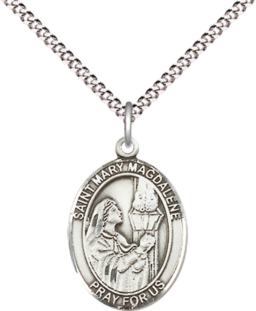 Sterling Silver Saint Mary Magdalene Pendant on a 18 inch Light Rhodium Light Curb chain