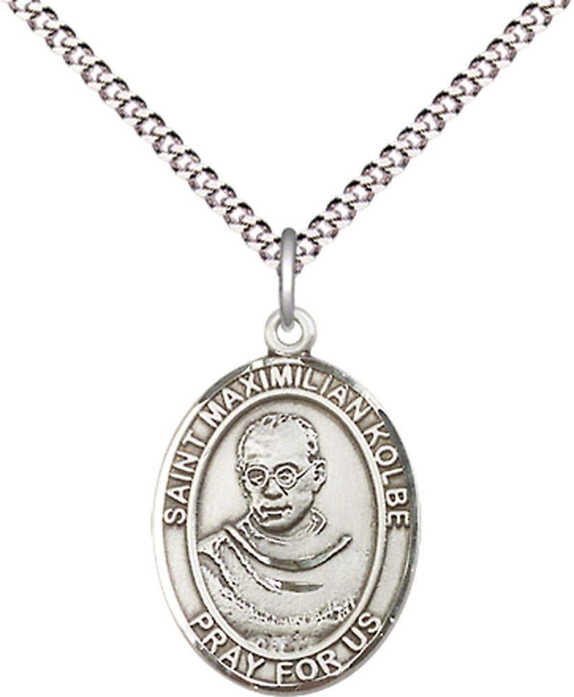 Sterling Silver Saint Maximilian Kolbe Pendant on a 18 inch Light Rhodium Light Curb chain