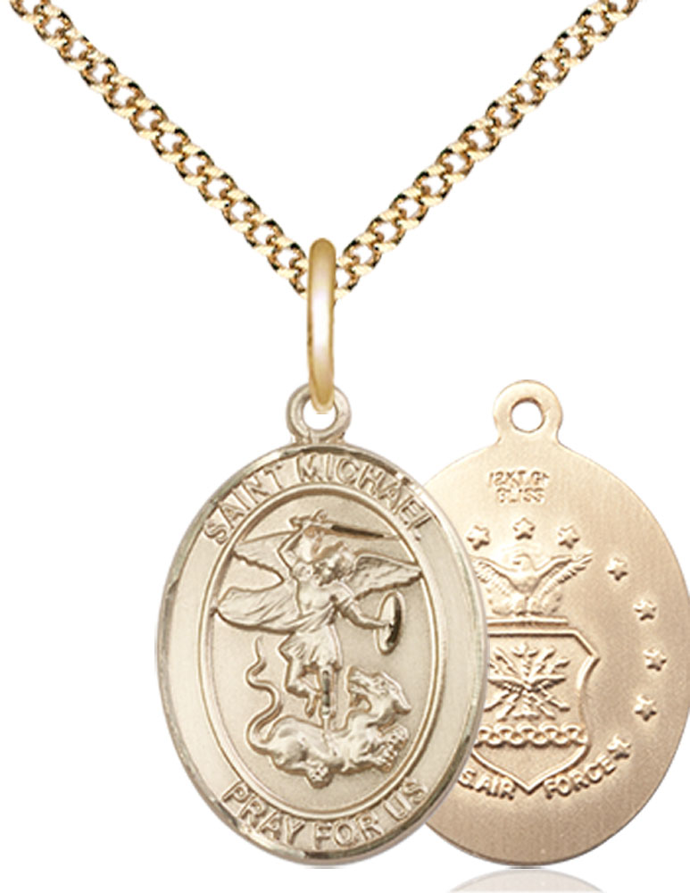 14kt Gold Filled Saint Michael Air Force Pendant on a 18 inch Gold Plate Light Curb chain