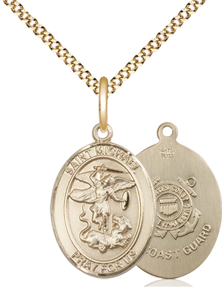 14kt Gold Filled Saint Michael Coast Guard Pendant on a 18 inch Gold Plate Light Curb chain