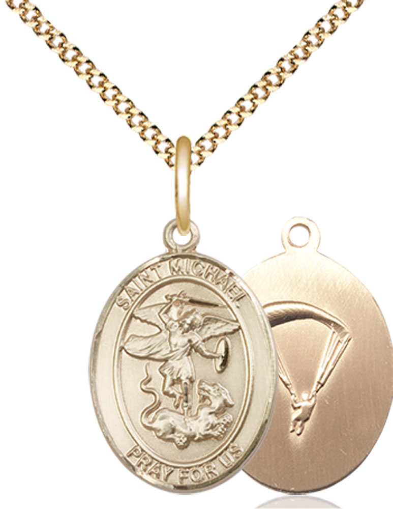 14kt Gold Filled Saint Michael Paratrooper Pendant on a 18 inch Gold Plate Light Curb chain