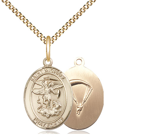 14kt Gold Filled Saint Michael Paratrooper Pendant on a 18 inch Gold Plate Light Curb chain