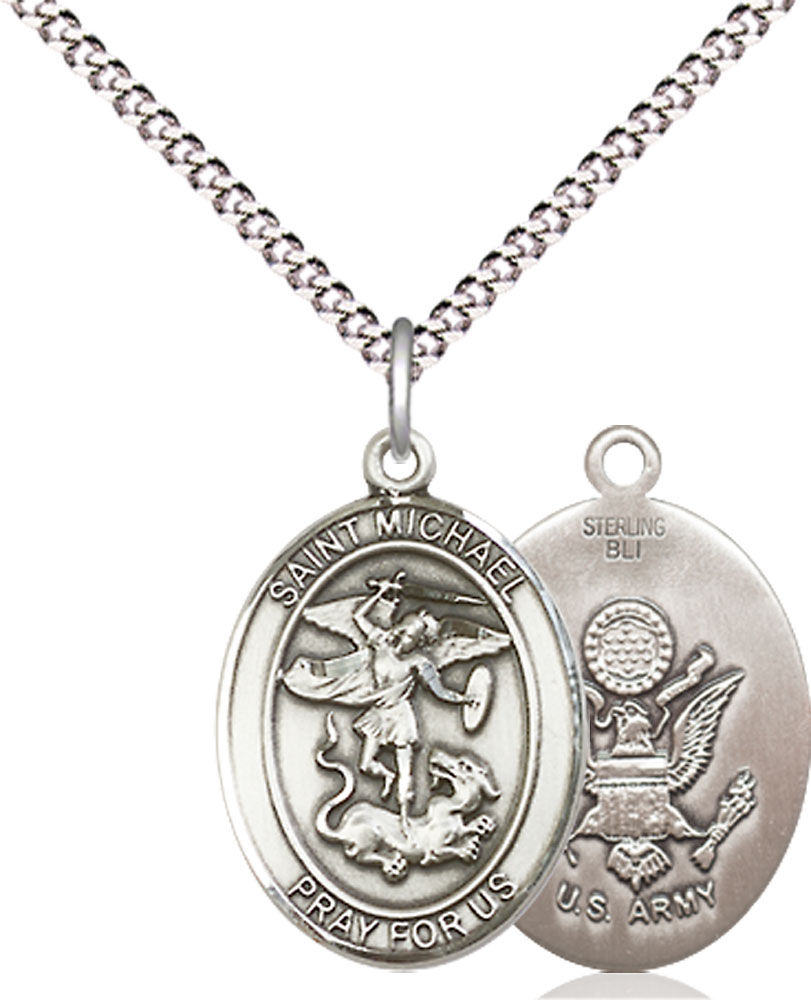 Sterling Silver Saint Michael Army Pendant on a 18 inch Light Rhodium Light Curb chain