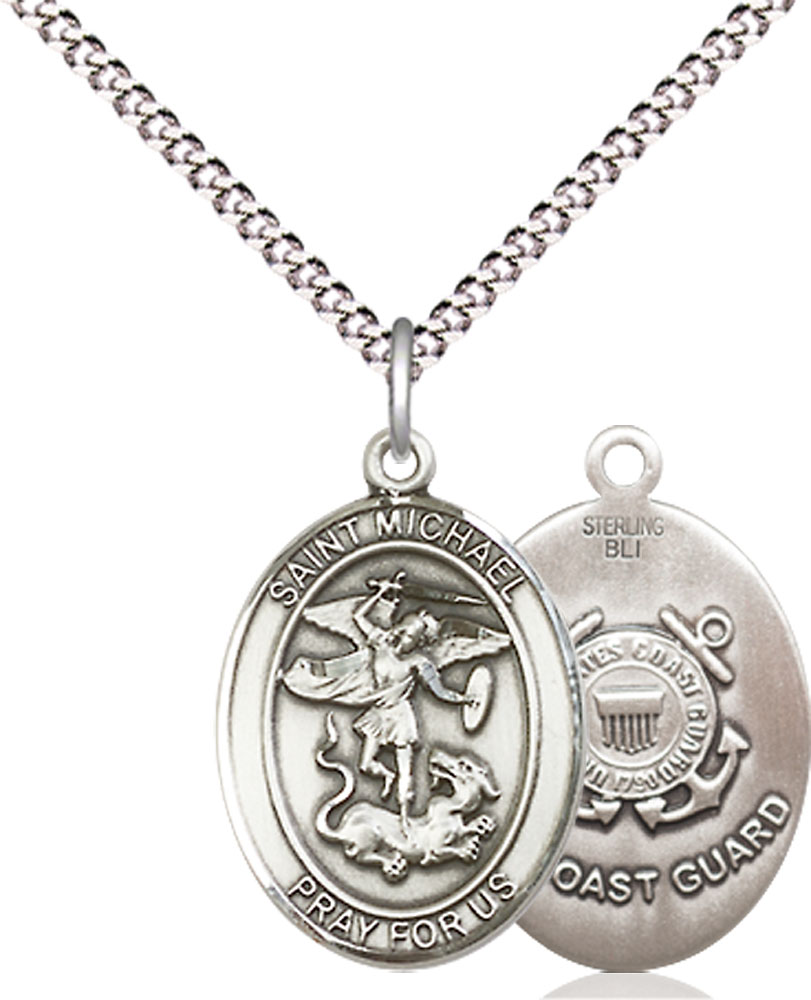 Sterling Silver Saint Michael Coast Guard Pendant on a 18 inch Light Rhodium Light Curb chain