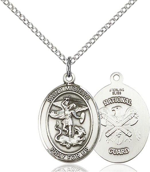 Sterling Silver Saint Michael National Guard Pendant on a 18 inch Light Rhodium Light Curb chain