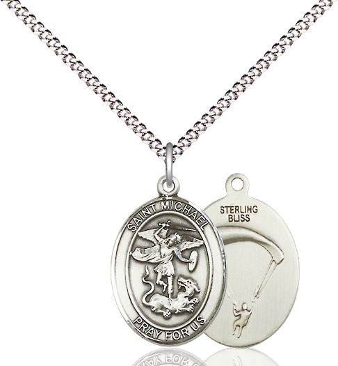 Sterling Silver Saint Michael Paratrooper Pendant on a 18 inch Light Rhodium Light Curb chain